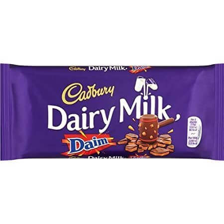 BEST BY APRIL 2026: Cadbury Dairy Milk With Daim Chocolate Bar HEAT SENSITIVE ITEM. PLEASE ADD ITEM 122942 TO THE ORDER TO TRY TO PROTECT CHOCOLATES FROM HEAT DAMAGE. 120g