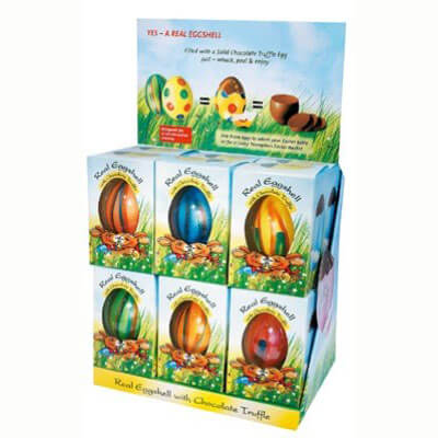 Gut Springenheide Striped Colored Real Egg Filled with Praline HEAT SENSITIVE ITEM. PLEASE ADD ITEM 122942 TO THE ORDER TO TRY TO PROTECT CHOCOLATES FROM HEAT DAMAGE. 50g