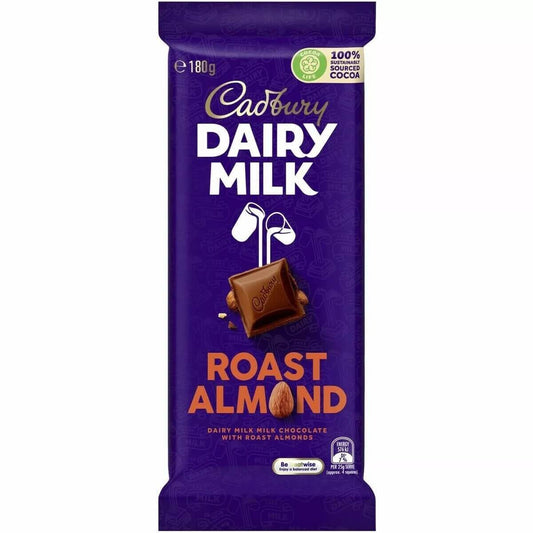 Cadbury Dairy Milk Roast Almond Block (Australia) HEAT SENSITIVE ITEM. PLEASE ADD ITEM 122942 TO THE ORDER TO TRY TO PROTECT CHOCOLATES FROM HEAT DAMAGE. 180g