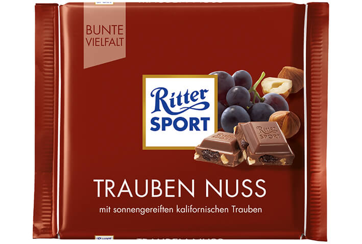 BEST BY MARCH 2026: Ritter Sport with Raisins and Nuts  HEAT SENSITIVE ITEM. PLEASE ADD ITEM 122942 TO THE ORDER TO TRY TO PROTECT CHOCOLATES FROM HEAT DAMAGE. 100g