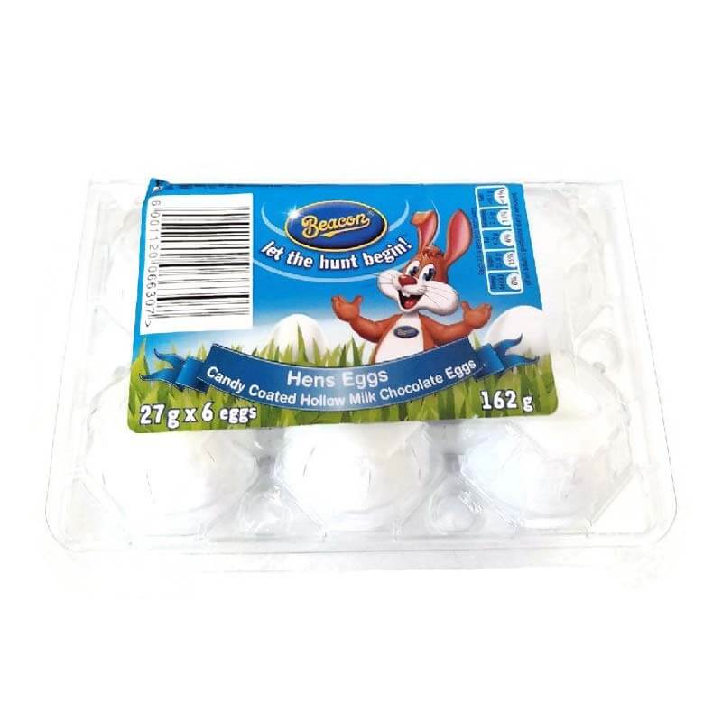 Beacon Hen Eggs (Pack of Six) HEAT SENSITIVE ITEM. PLEASE ADD ITEM 122942 TO THE ORDER TO TRY TO PROTECT CHOCOLATES FROM HEAT DAMAGE 162g
