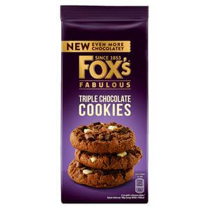 BEST BY MARCH 2026: Foxs Biscuits Triple Chocolate Cookies Cookies  HEAT SENSITIVE ITEM. PLEASE ADD ITEM 122942 TO THE ORDER TO TRY TO PROTECT CHOCOLATES FROM HEAT DAMAGE. 180g