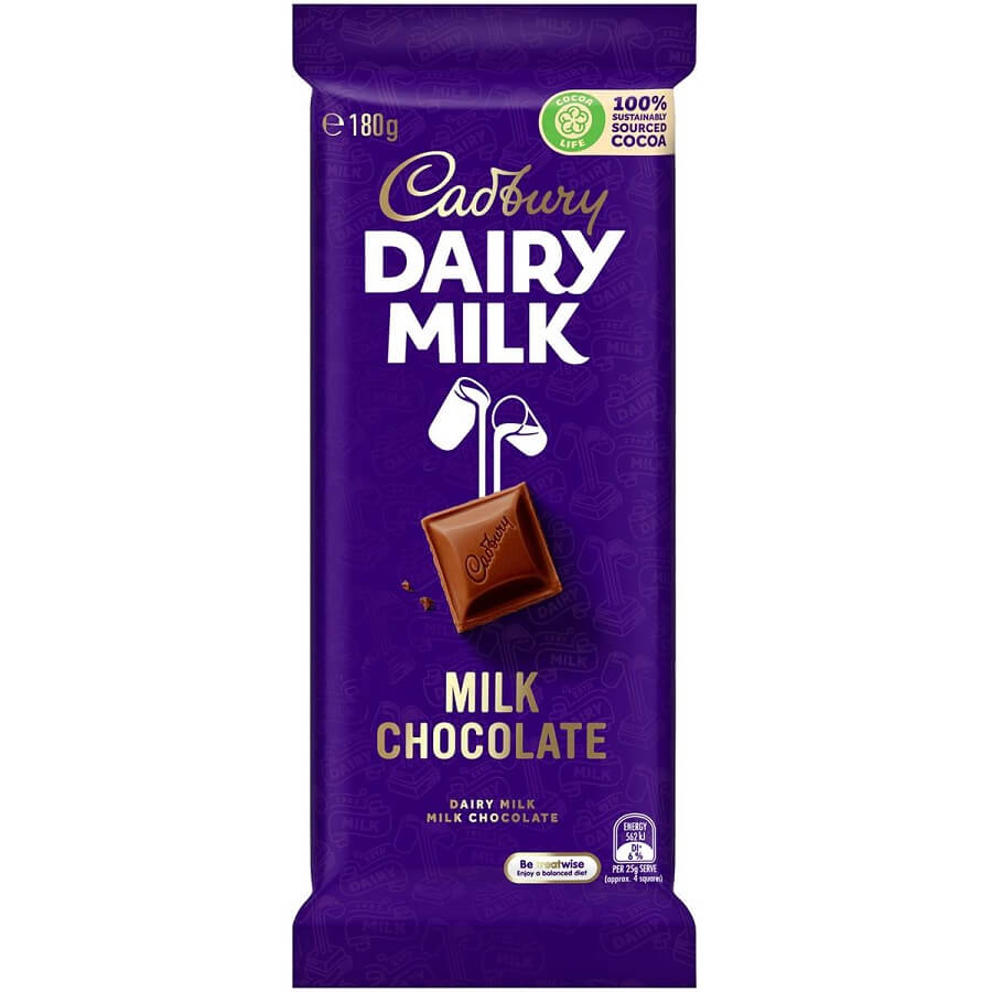 Cadbury Dairy Milk Chocolate slab (Australia)  HEAT SENSITIVE ITEM. PLEASE ADD ITEM 122942 TO THE ORDER TO TRY TO PROTECT CHOCOLATES FROM HEAT DAMAGE. 180g