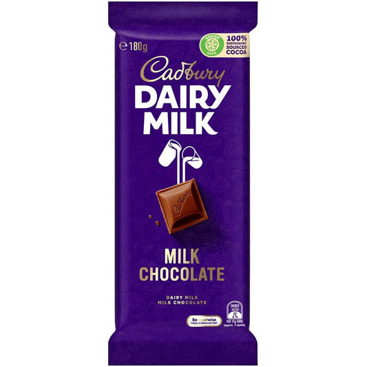 Cadbury Dairy Milk Chocolate slab (Australia)  HEAT SENSITIVE ITEM. PLEASE ADD ITEM 122942 TO THE ORDER TO TRY TO PROTECT CHOCOLATES FROM HEAT DAMAGE. 180g