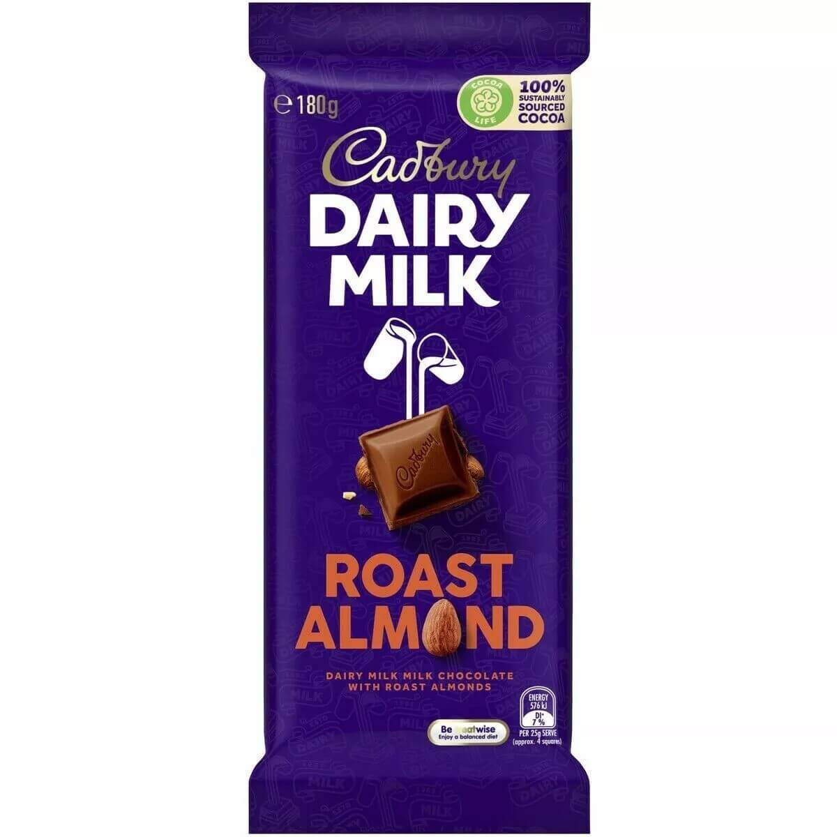Cadbury Dairy Milk Roast Almond Block (Australia)  HEAT SENSITIVE ITEM. PLEASE ADD ITEM 122942 TO THE ORDER TO TRY TO PROTECT CHOCOLATES FROM HEAT DAMAGE. 180g